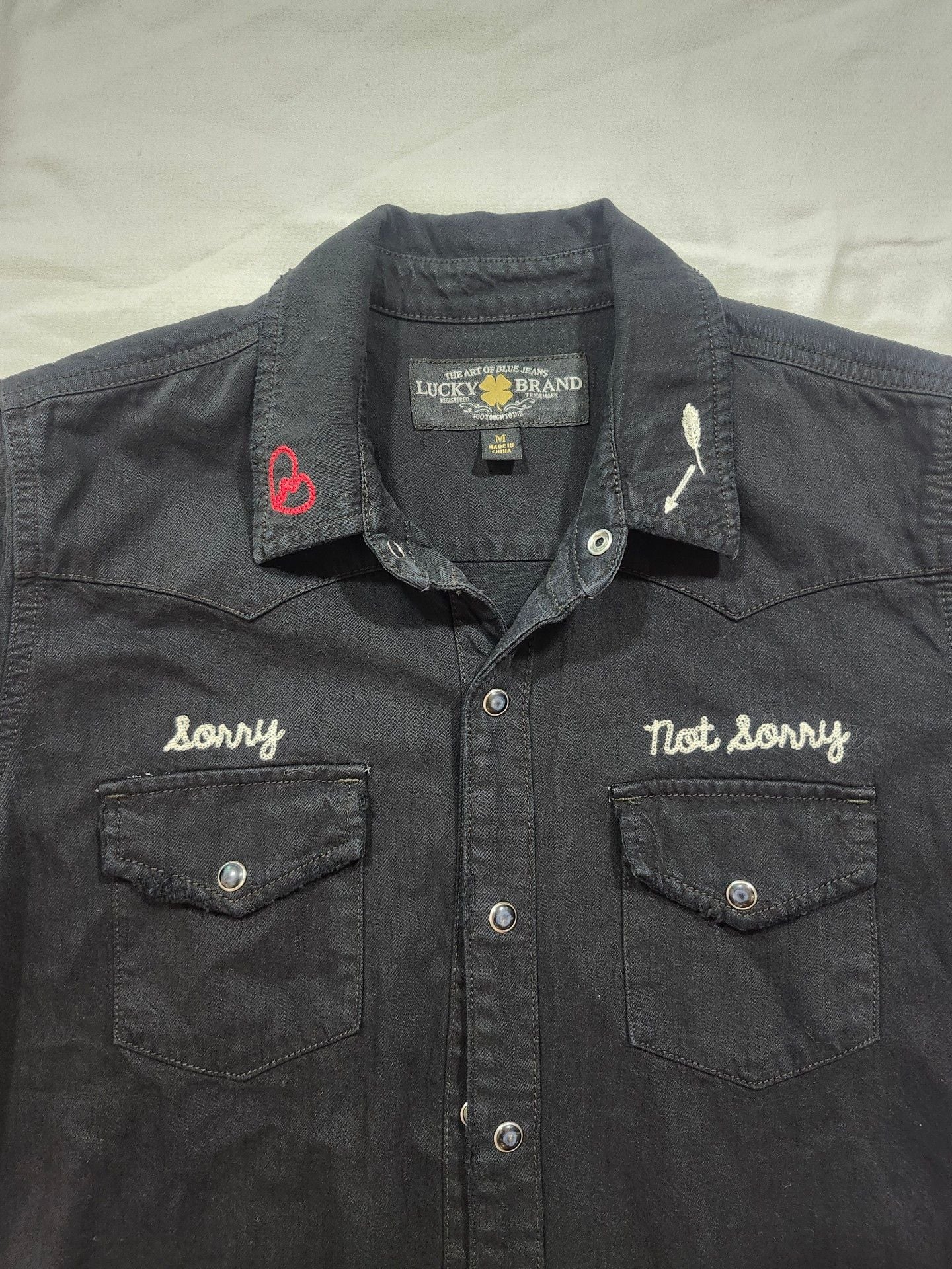 Lucky Brand Western Shirt Size M Black Sorry Not Sorry 4