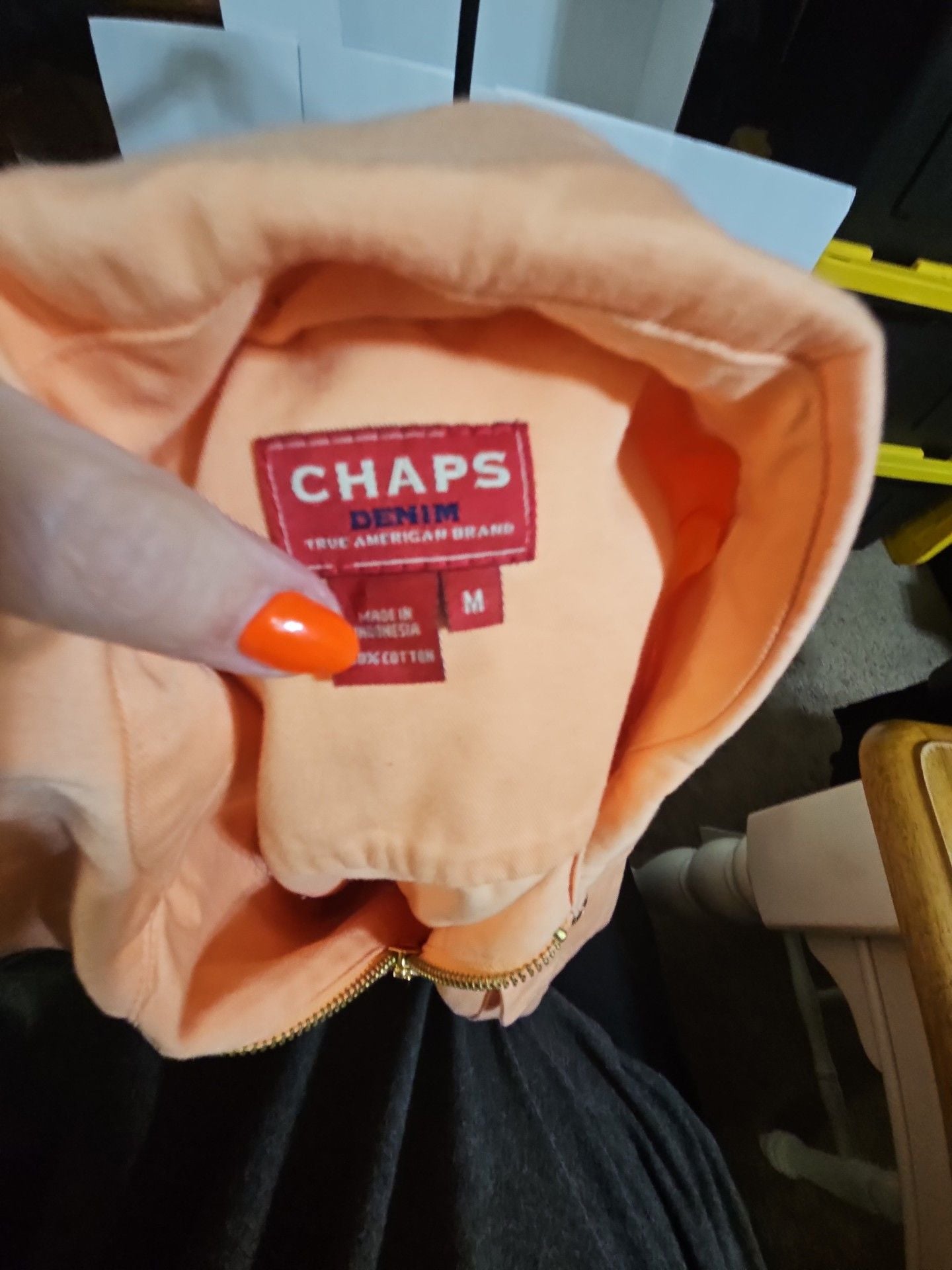 Chaps Denim Jacket Size M Peach Cotton Full Zip Utility Pocket 4