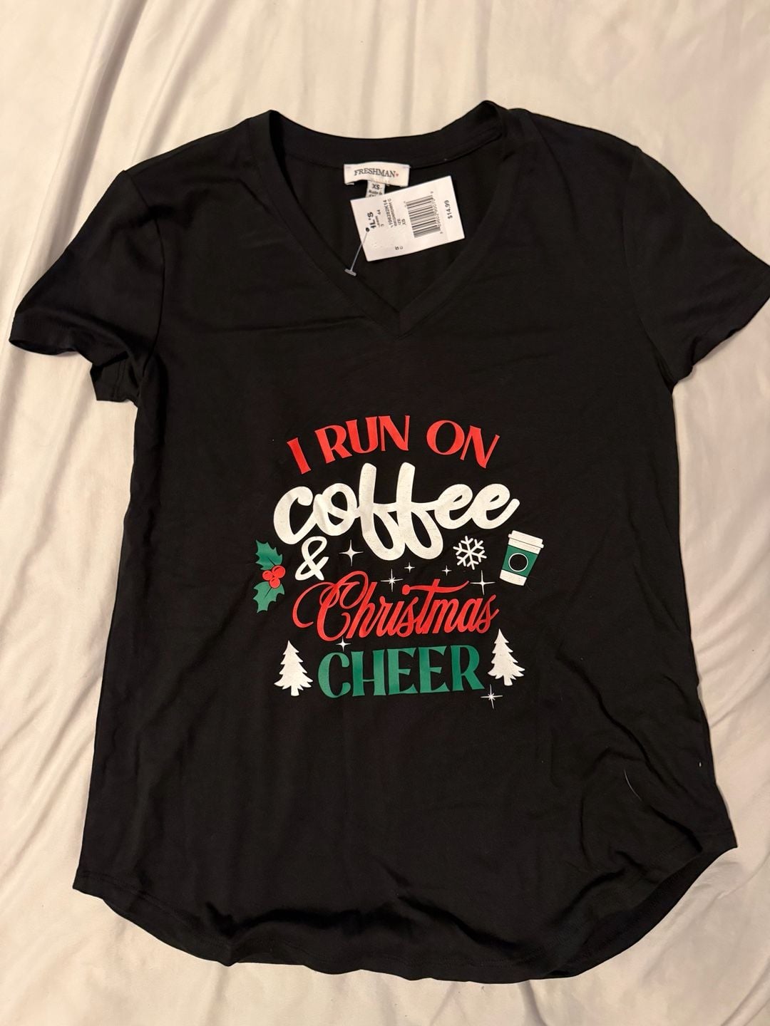 I Run On Coffee And Christmas Cheer T-Shirt Size XS Black 2
