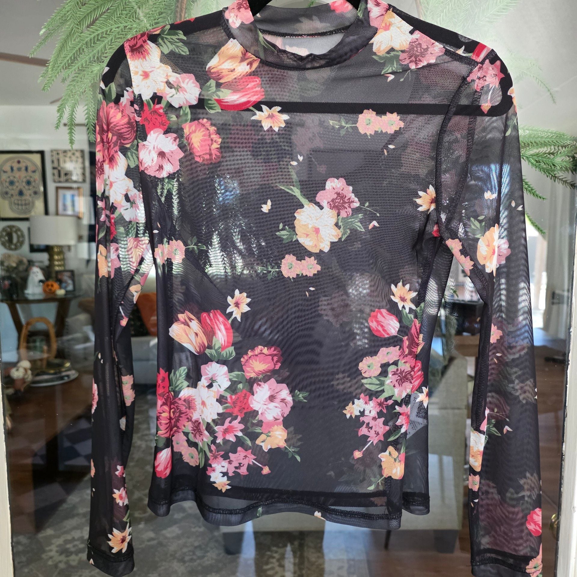 Shein Floral Mesh Mock Neck Top 1