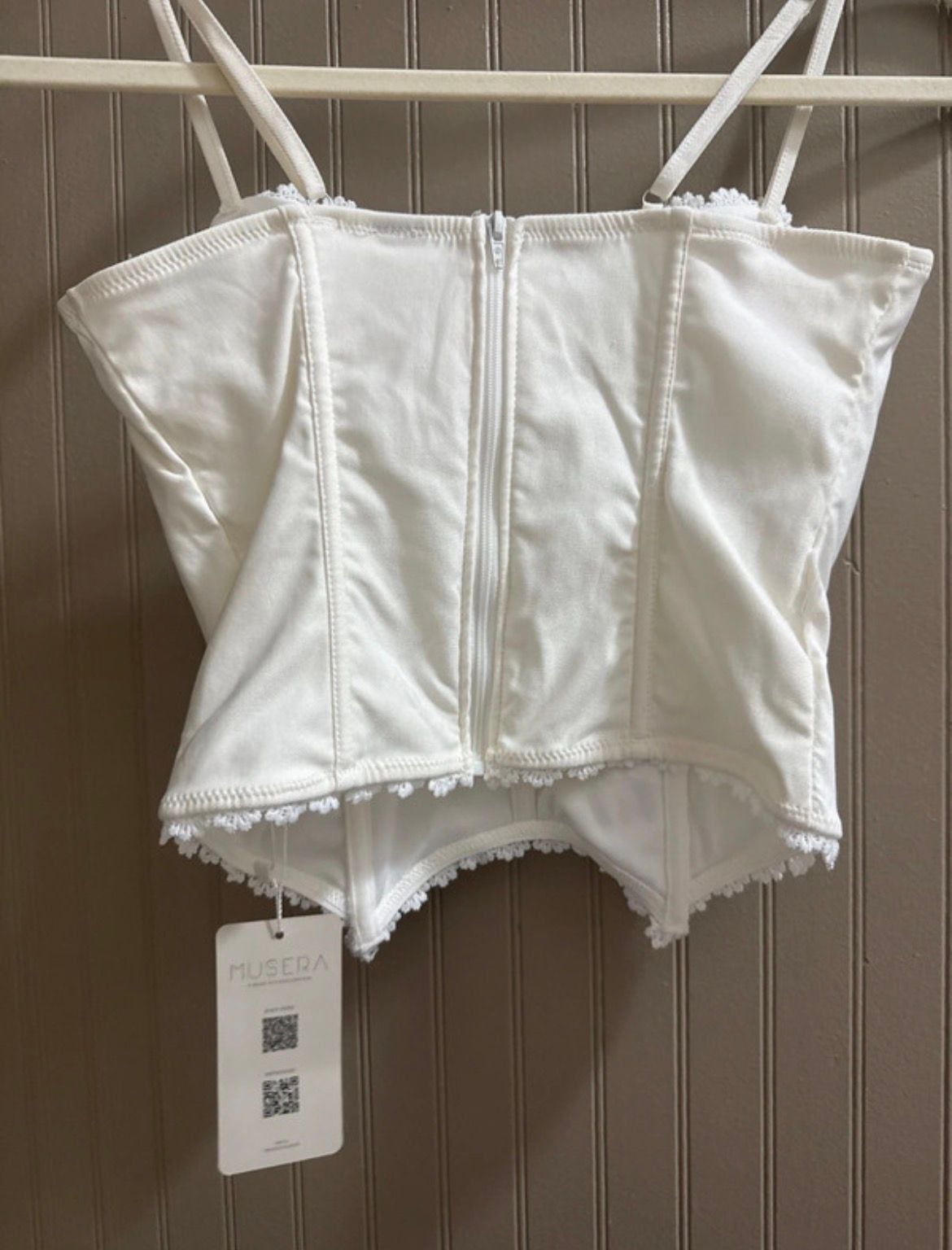 Musera White Lace Trim Corset Top Size S 6