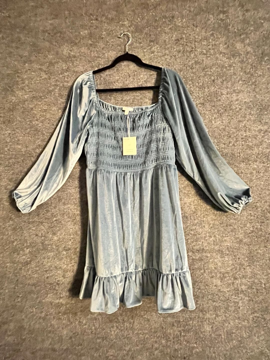 LC Lauren Conrad Velvet Dress Size XL Blue Long Sleeve Smocked Ruffle Hem 003-175 2