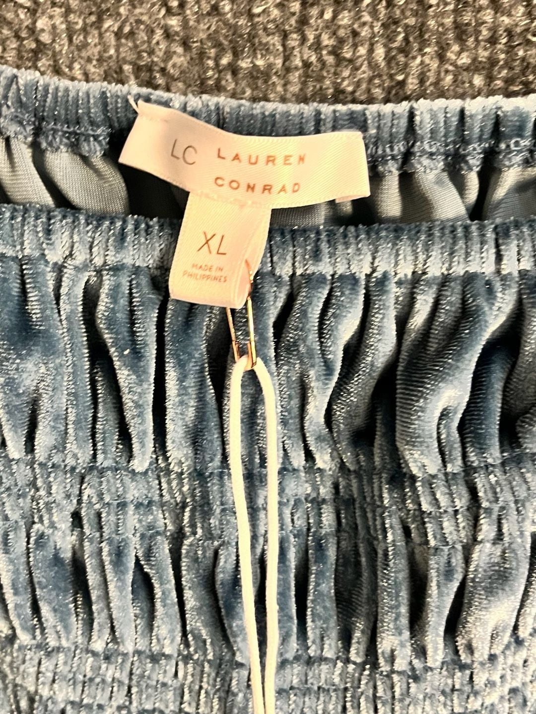 LC Lauren Conrad Velvet Dress Size XL Blue Long Sleeve Smocked Ruffle Hem 003-175 3