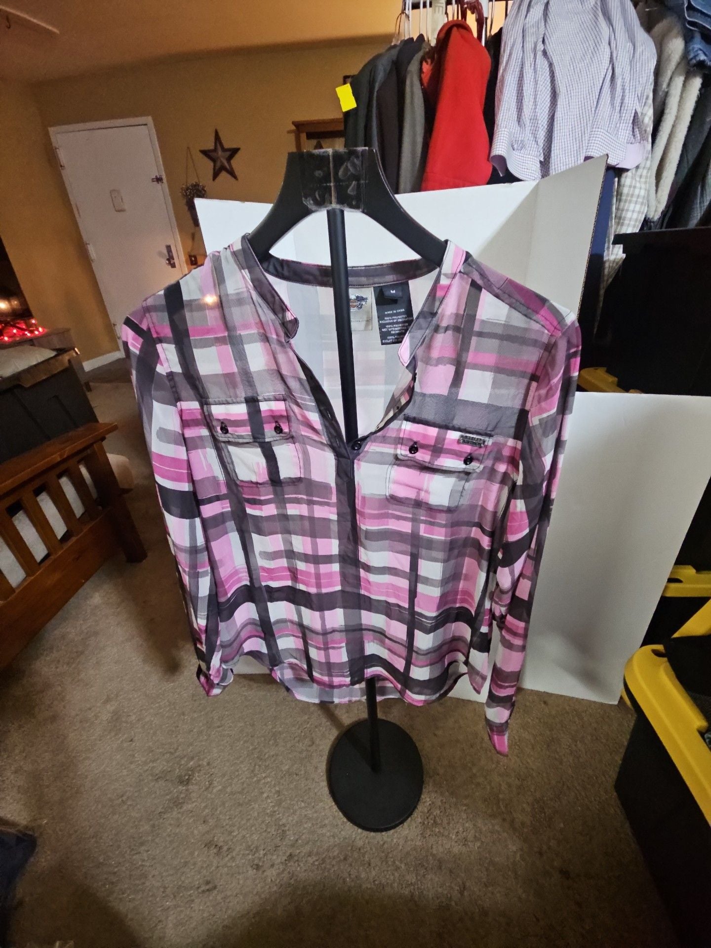 Harley Davidson Plaid Button Up Shirt Size M Pink Black Sheer Long Sleeve 2