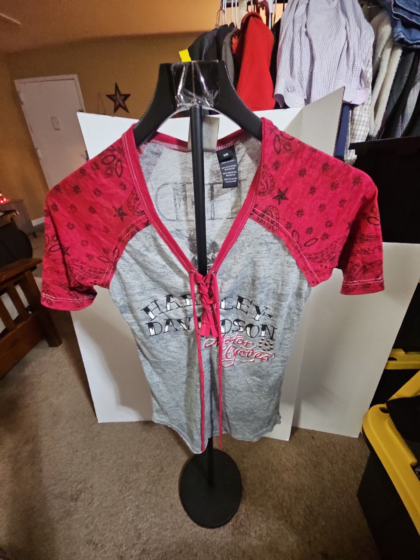 Harley Davidson Lace Up Raglan Shirt Size XS Gray Red 2