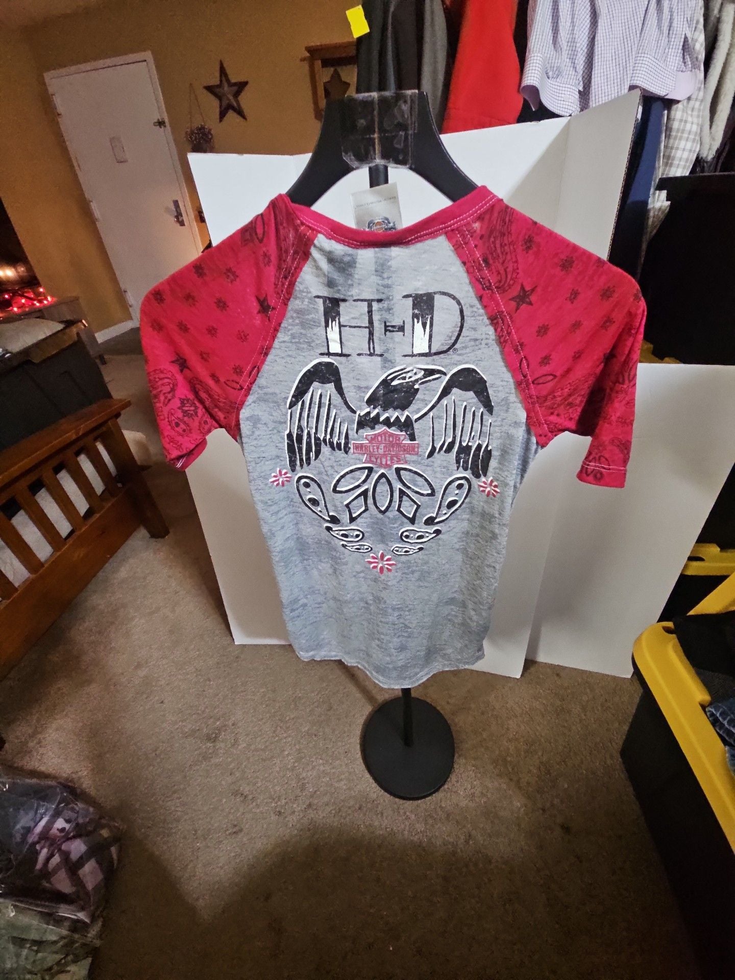 Harley Davidson Lace Up Raglan Shirt Size XS Gray Red 3