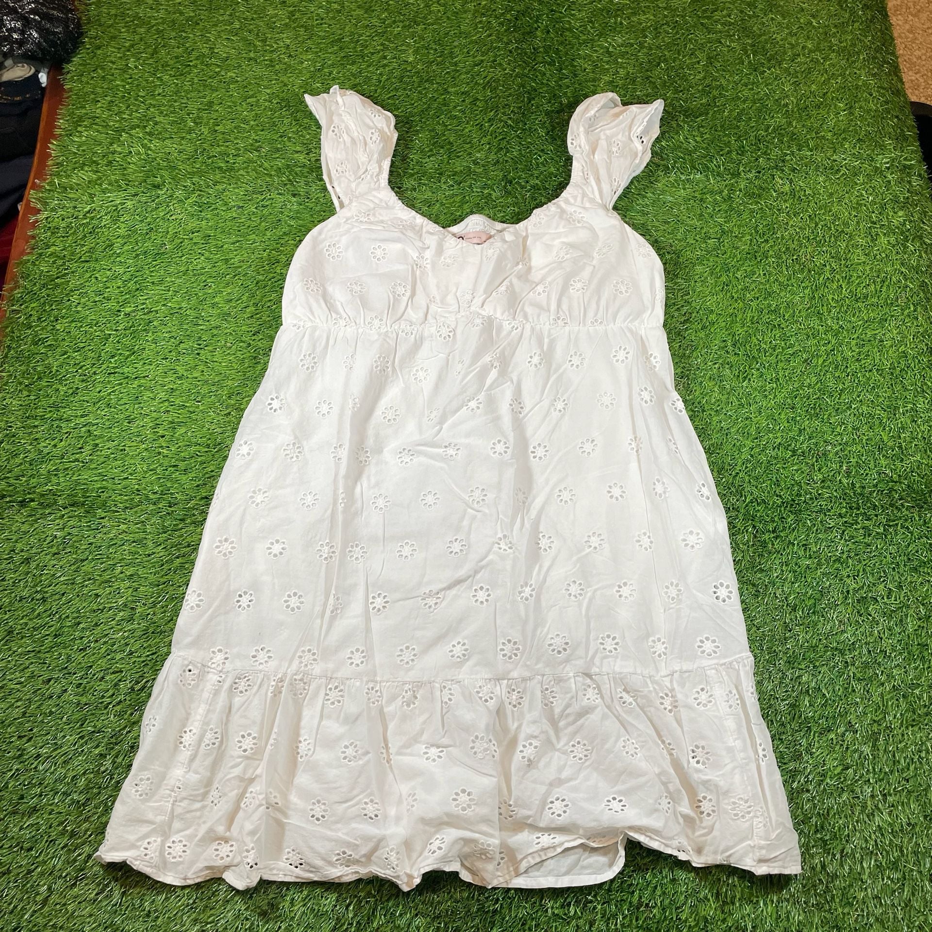 SO Goods For Life Eyelet Dress Size L White Cotton Ruffle Mini 2