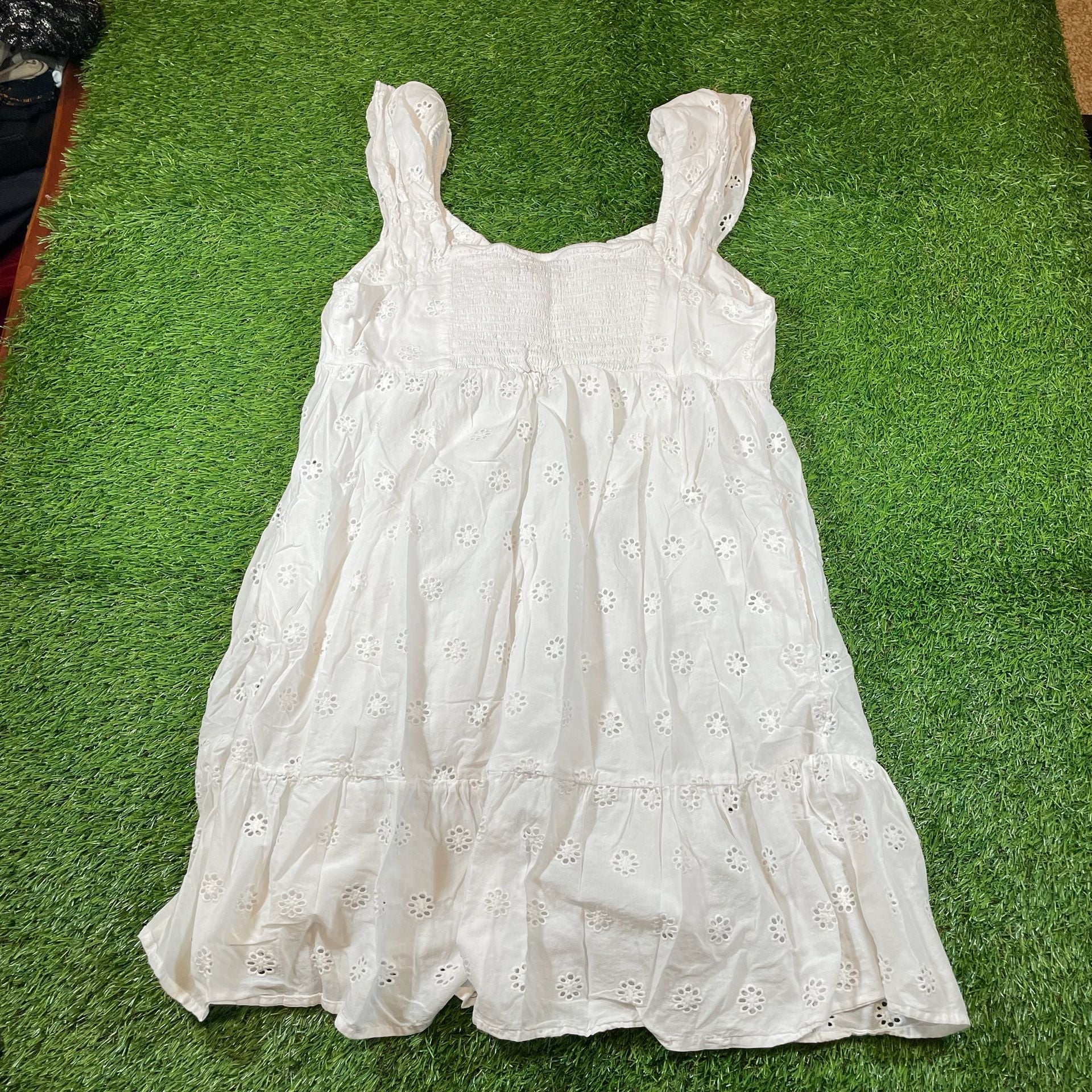 SO Goods For Life Eyelet Dress Size L White Cotton Ruffle Mini 3