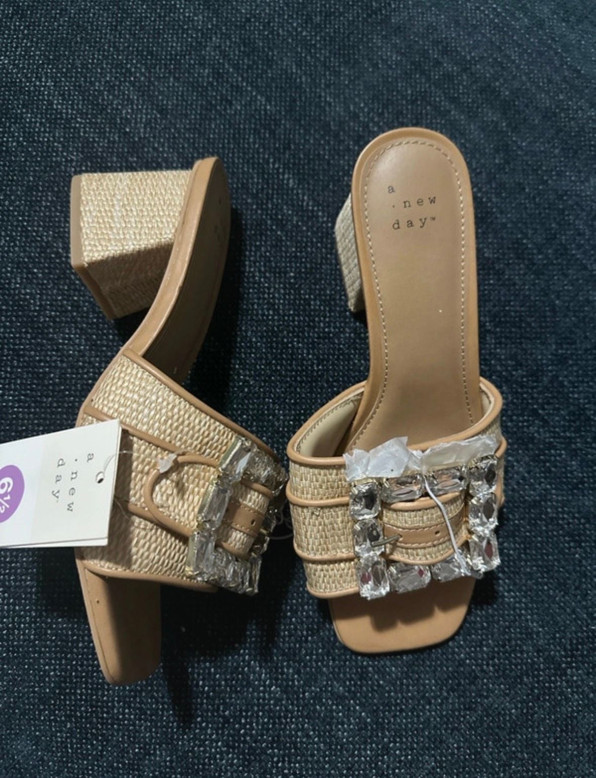 A New Day Kathleen Heels Size 6.5 Beige Rhinestone Buckle Mules 1