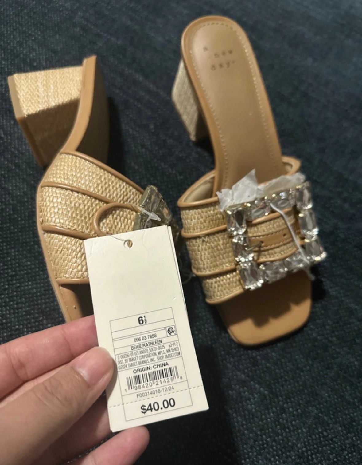 A New Day Kathleen Heels Size 6.5 Beige Rhinestone Buckle Mules 2