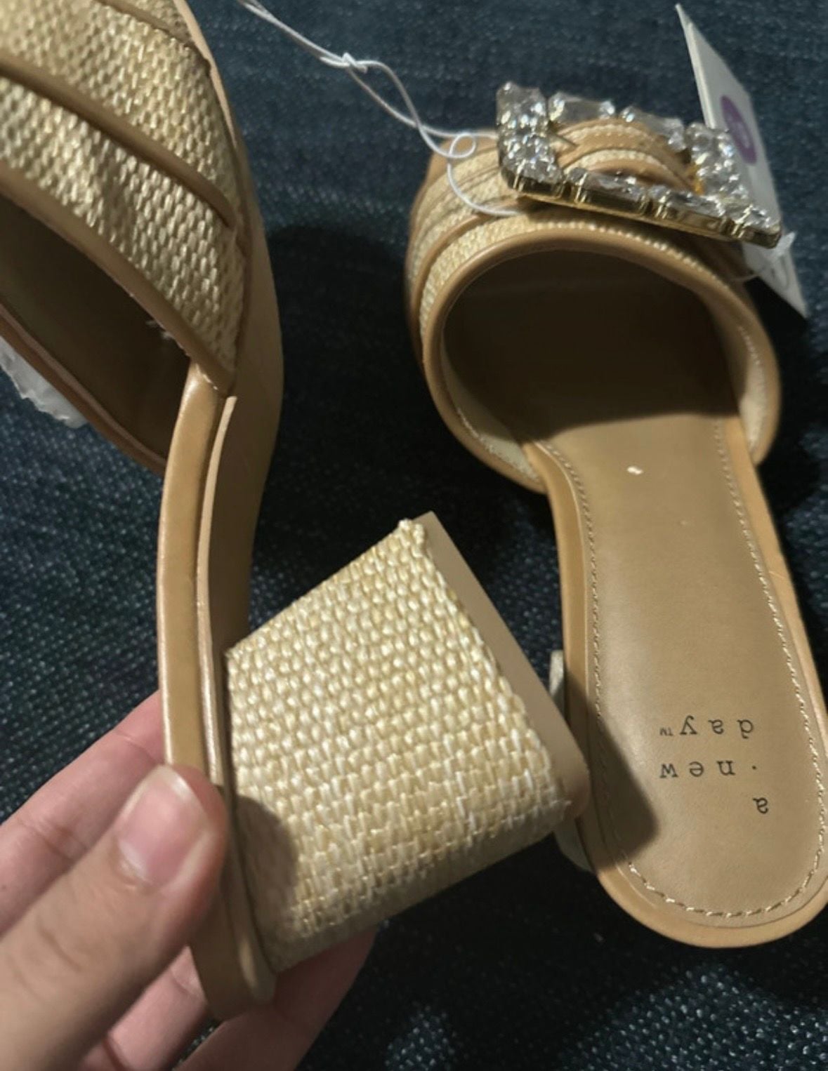 A New Day Kathleen Heels Size 6.5 Beige Rhinestone Buckle Mules 5
