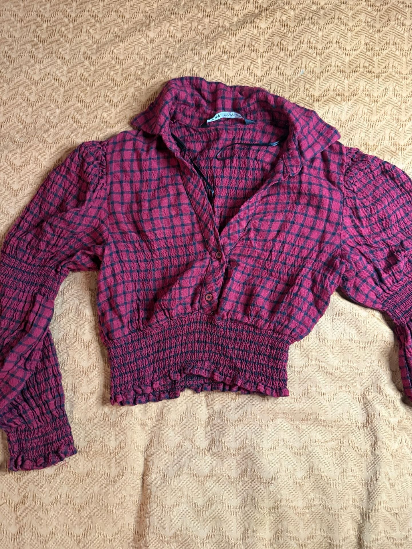 Zara Plaid Smocked Blouse Size S Red Black Long Sleeve Crop Top 2