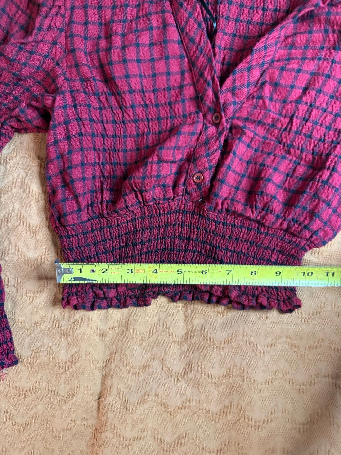 Zara Plaid Smocked Blouse Size S Red Black Long Sleeve Crop Top 3