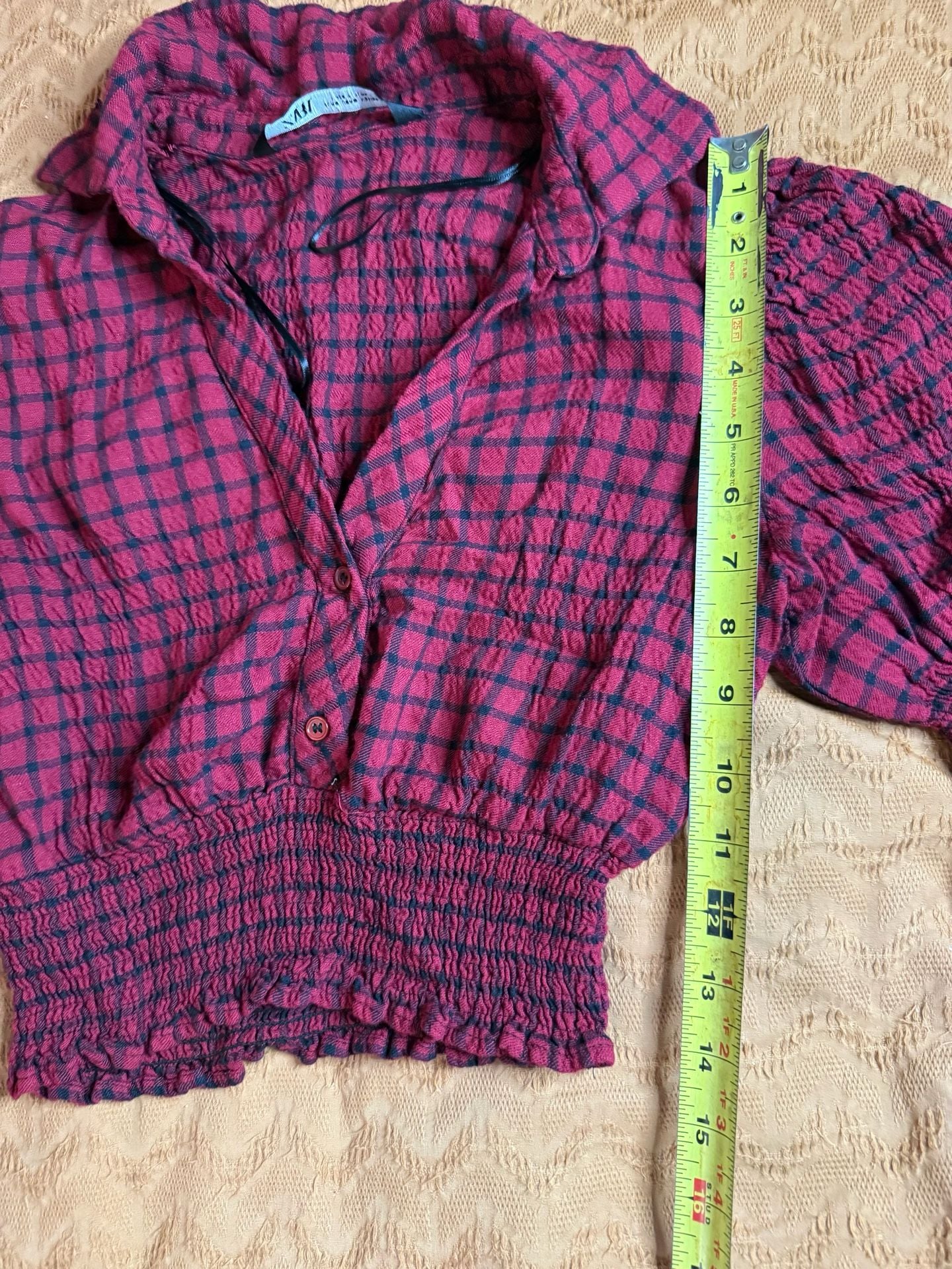 Zara Plaid Smocked Blouse Size S Red Black Long Sleeve Crop Top 4
