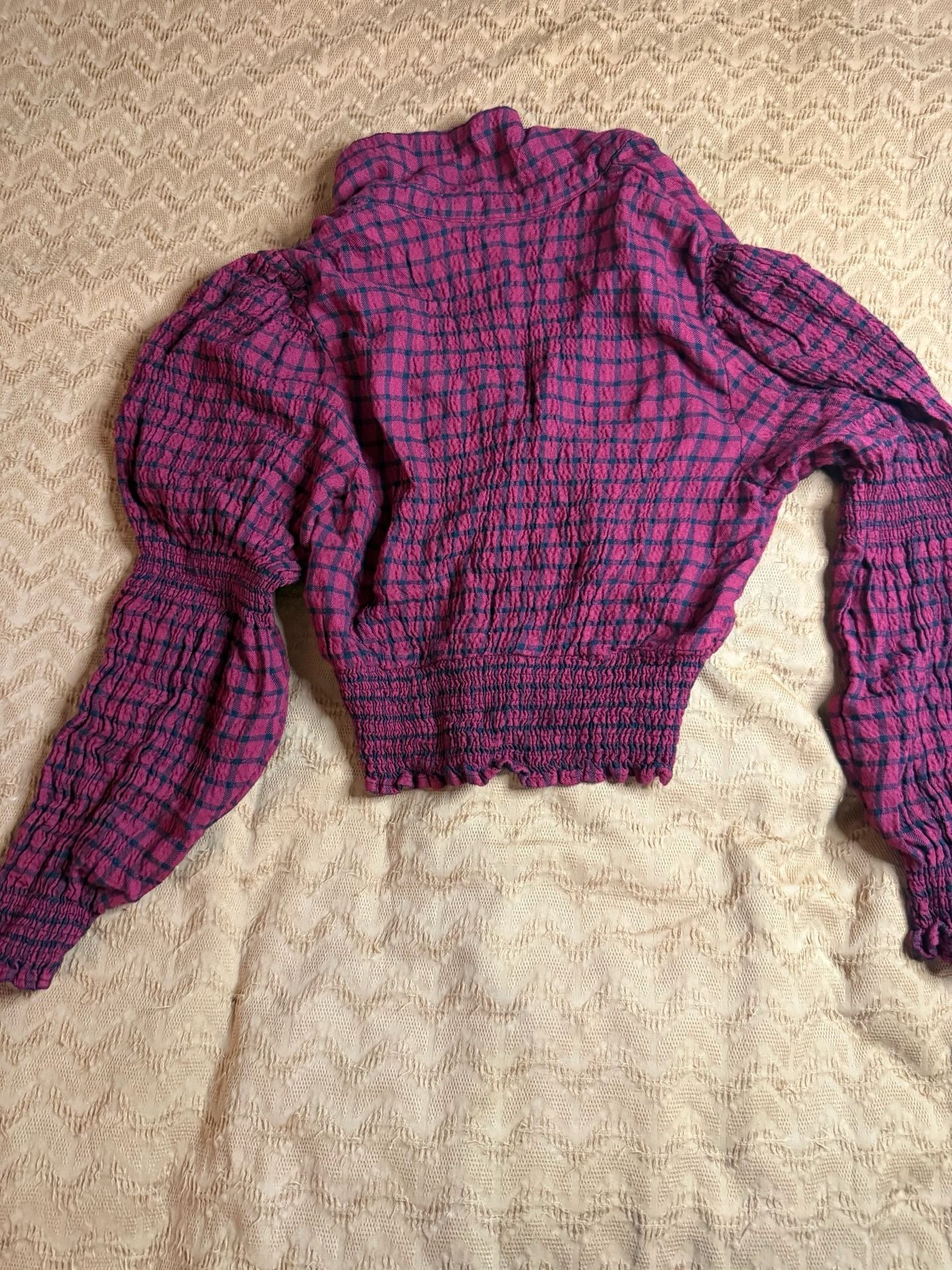 Zara Plaid Smocked Blouse Size S Red Black Long Sleeve Crop Top 6