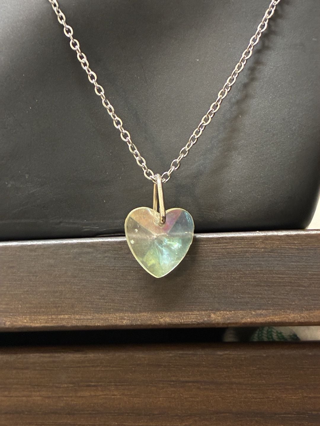 Upcycled Stainless Steel Iridescent Crystal Heart Pendant Necklace Silver Tone 3