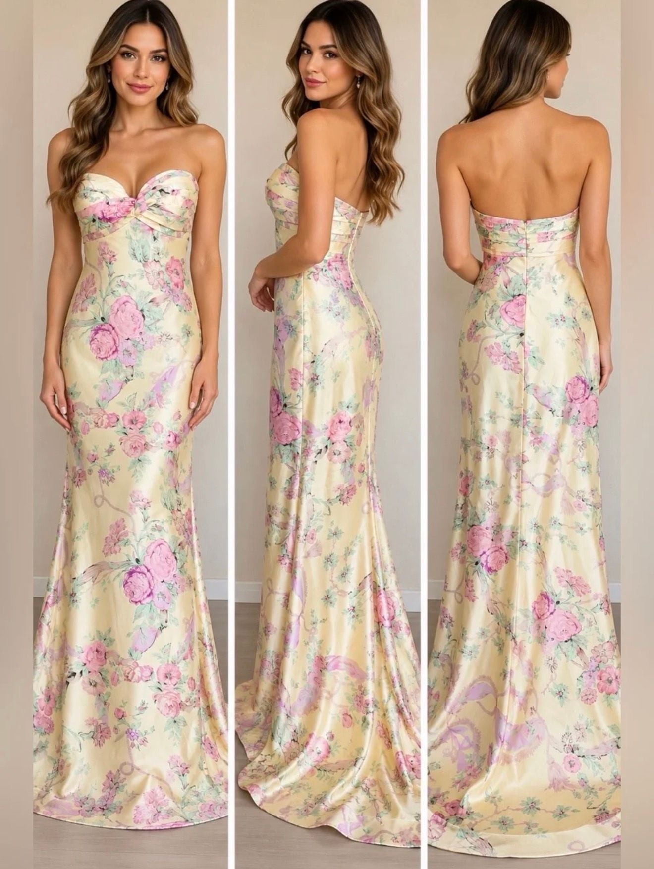 House of CB Floral Satin Strapless Maxi Dress 2