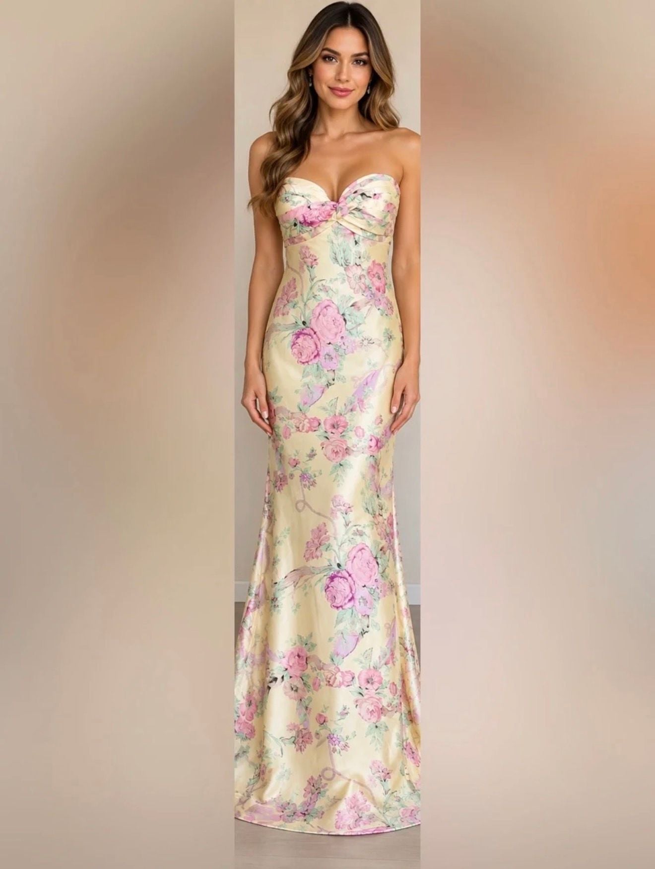 House of CB Floral Satin Strapless Maxi Dress 3