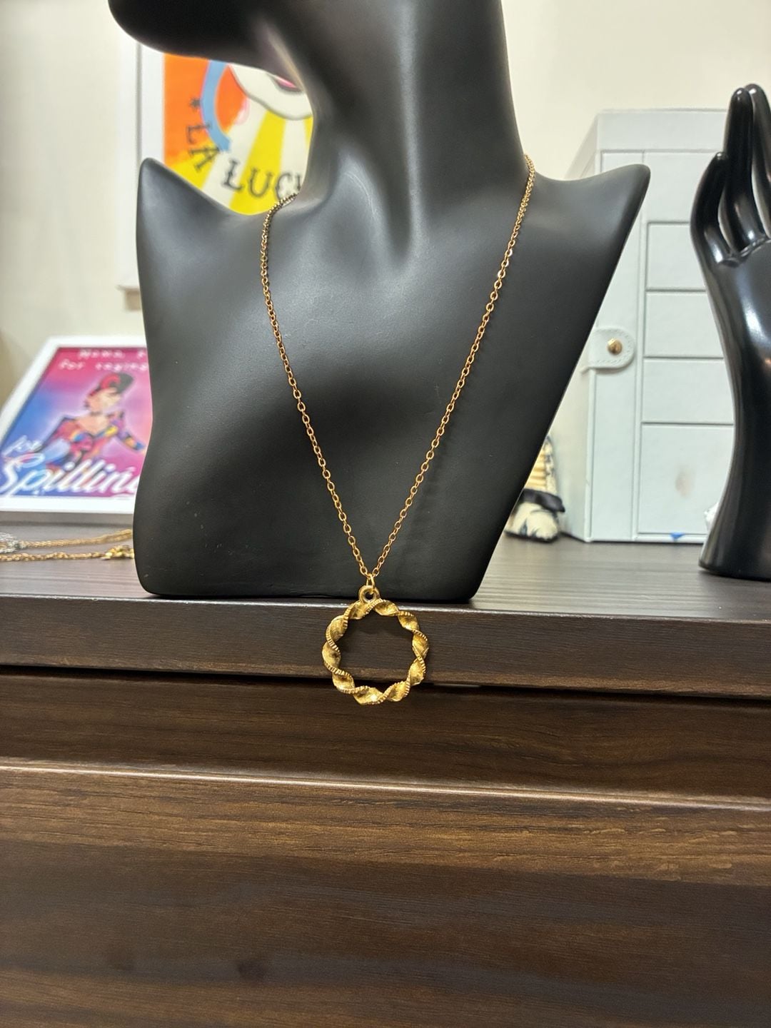 Upcycled Stainless Steel Gold Tone Twisted Circle Pendant Necklace 2