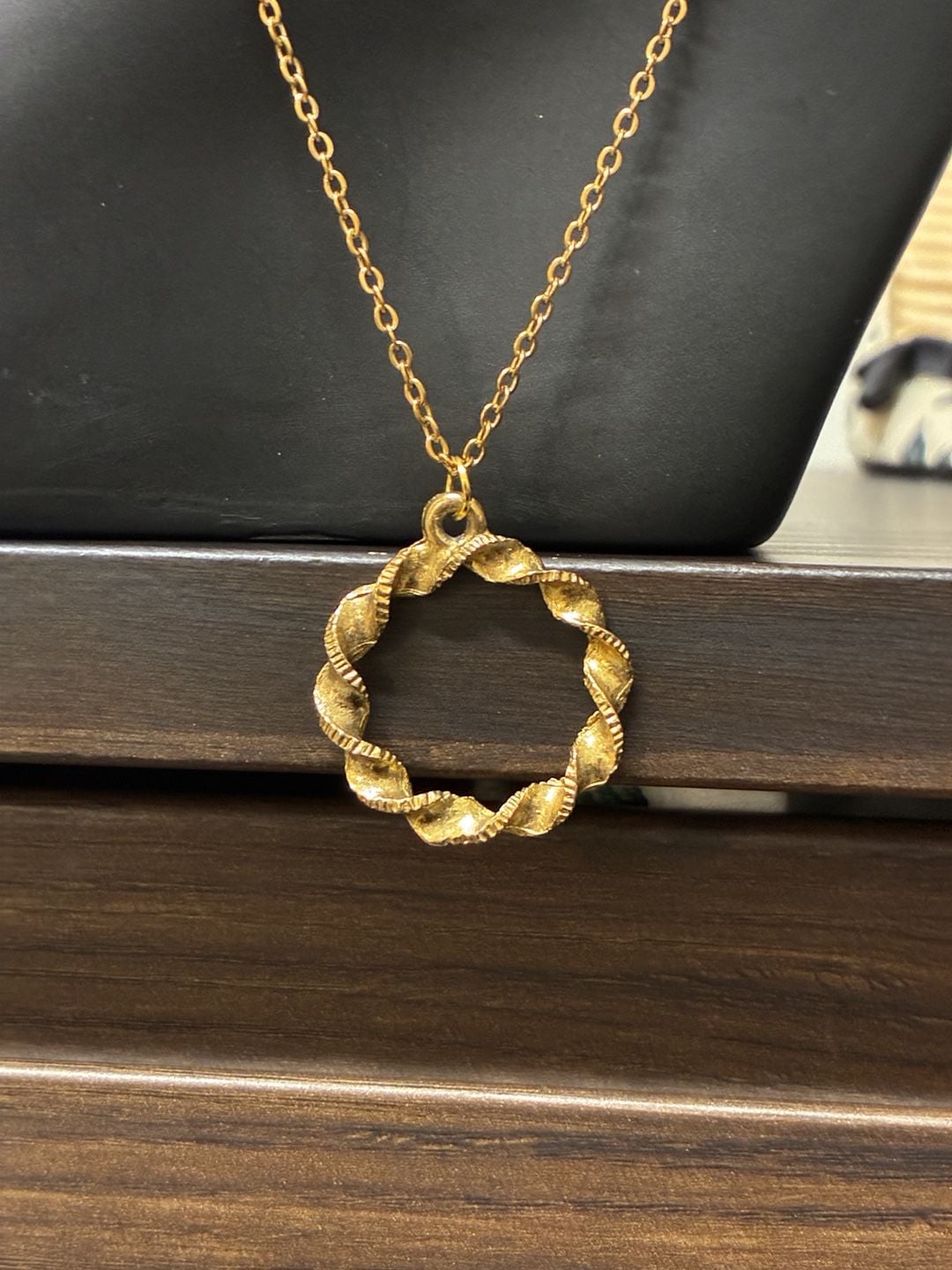 Upcycled Stainless Steel Gold Tone Twisted Circle Pendant Necklace 3