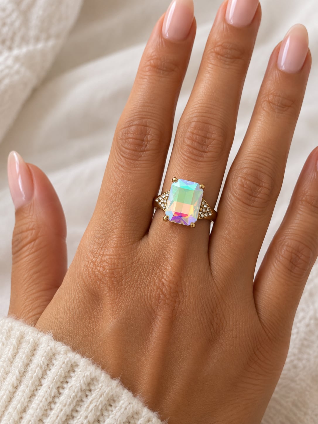 Gold Tone Aurora Borealis Crystal Rhinestone Statement Ring Size 7 2