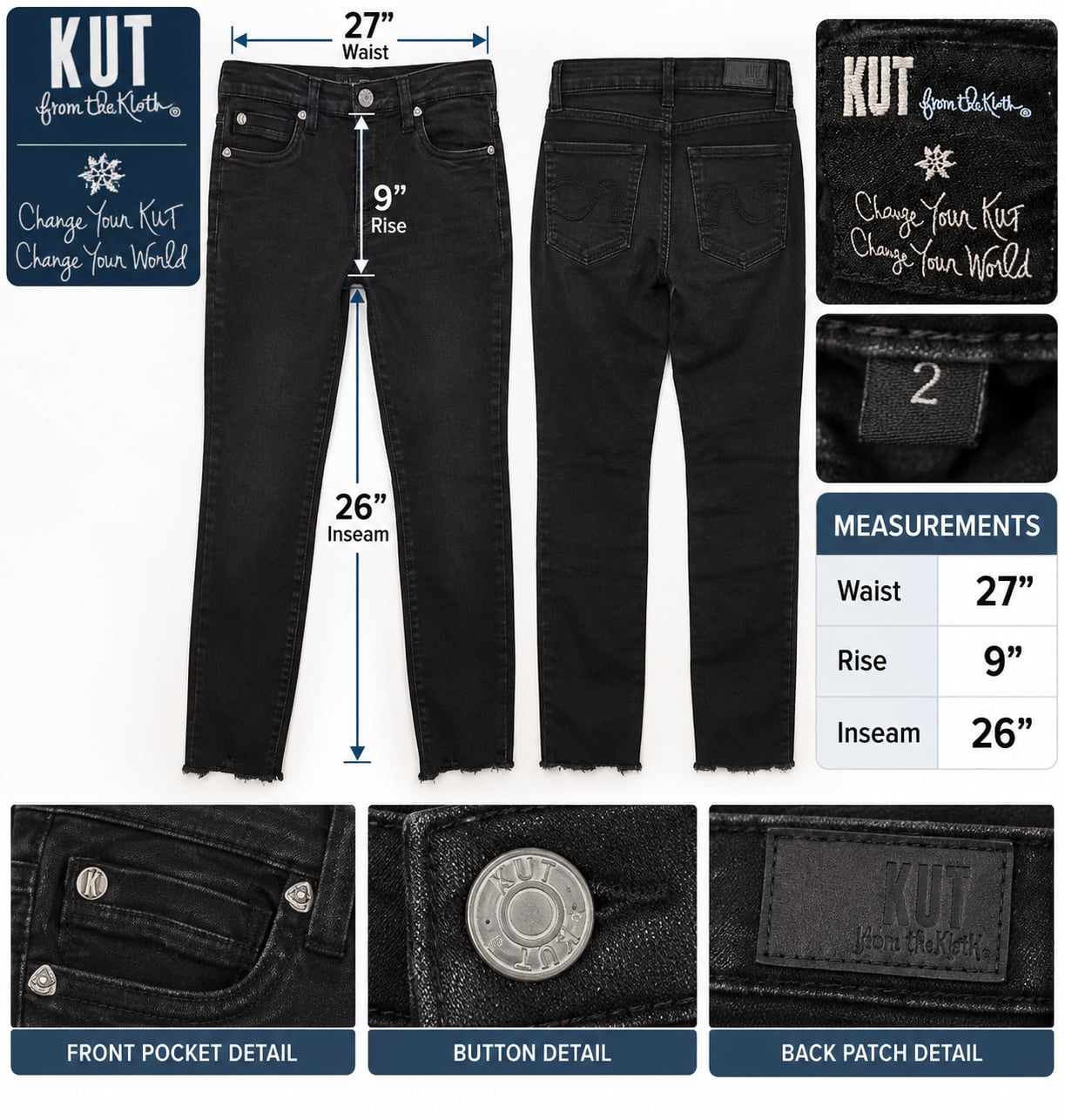 Kut From The Kloth Carlo Ankle Skinny Jeans Size 2 Black Destructured Hem
9