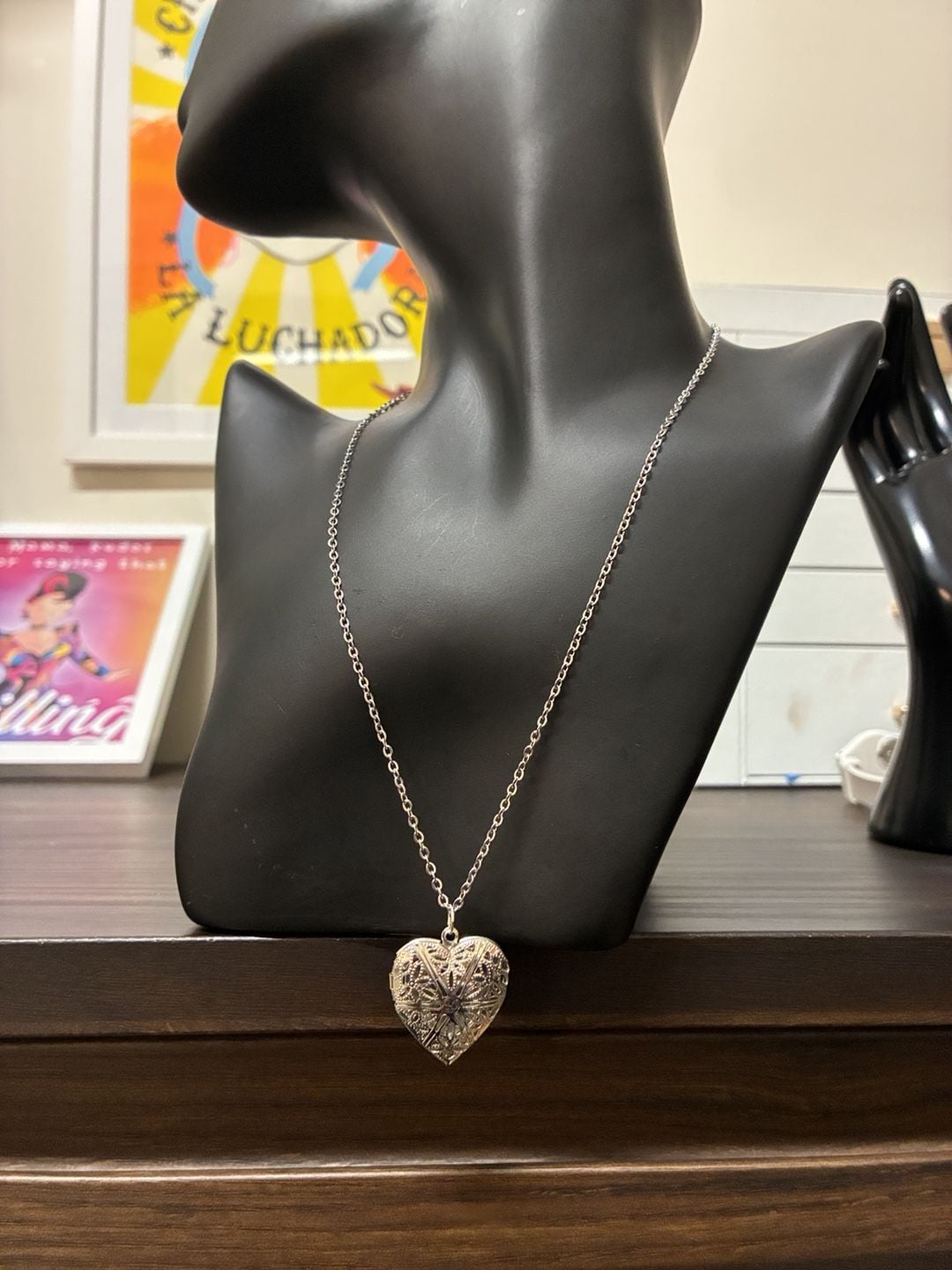 Upcycled Stainless Steel Silver Tone Filigree Heart Locket Necklace 2