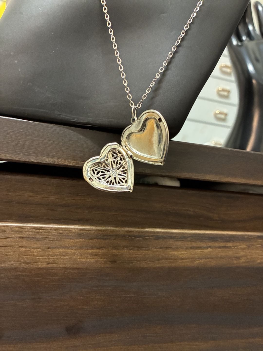 Upcycled Stainless Steel Silver Tone Filigree Heart Locket Necklace 4