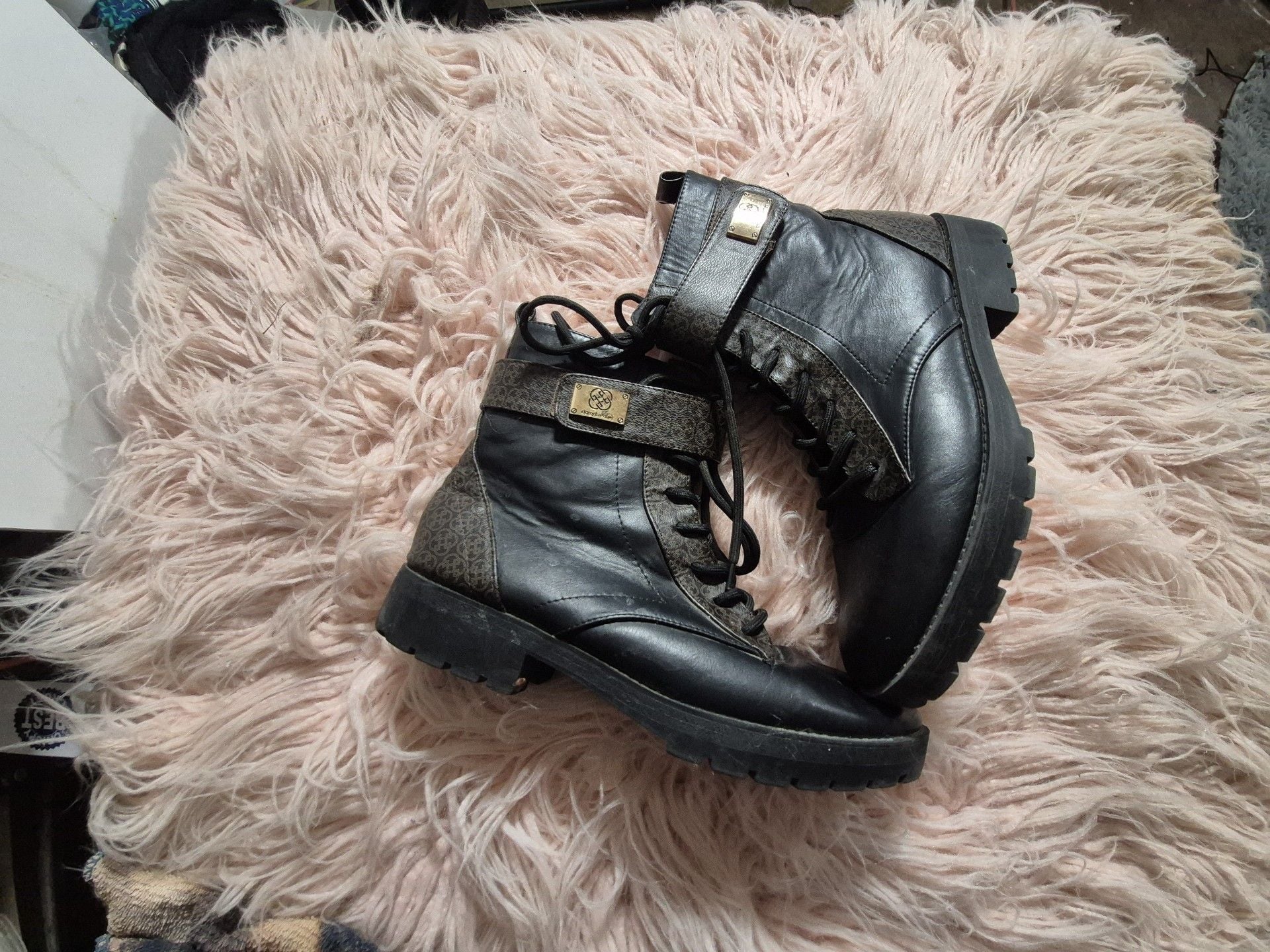 Daisy Fuentes Combat Boots Black Monogram Trim 2