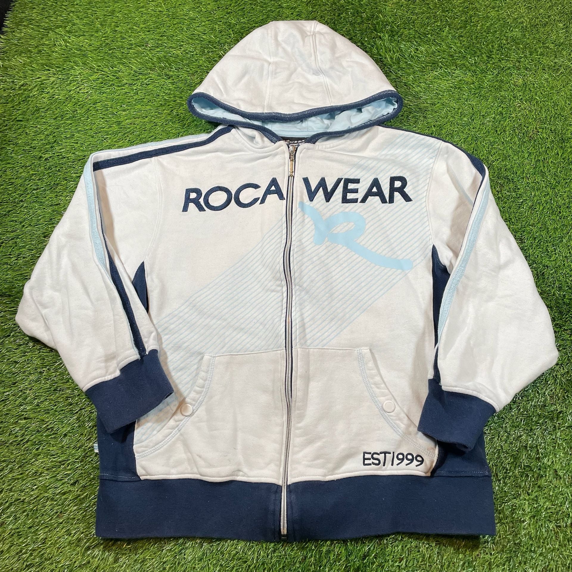 Roca Wear Full Zip Hoodie Size L (14-16) White Blue Graphic Jacket 2