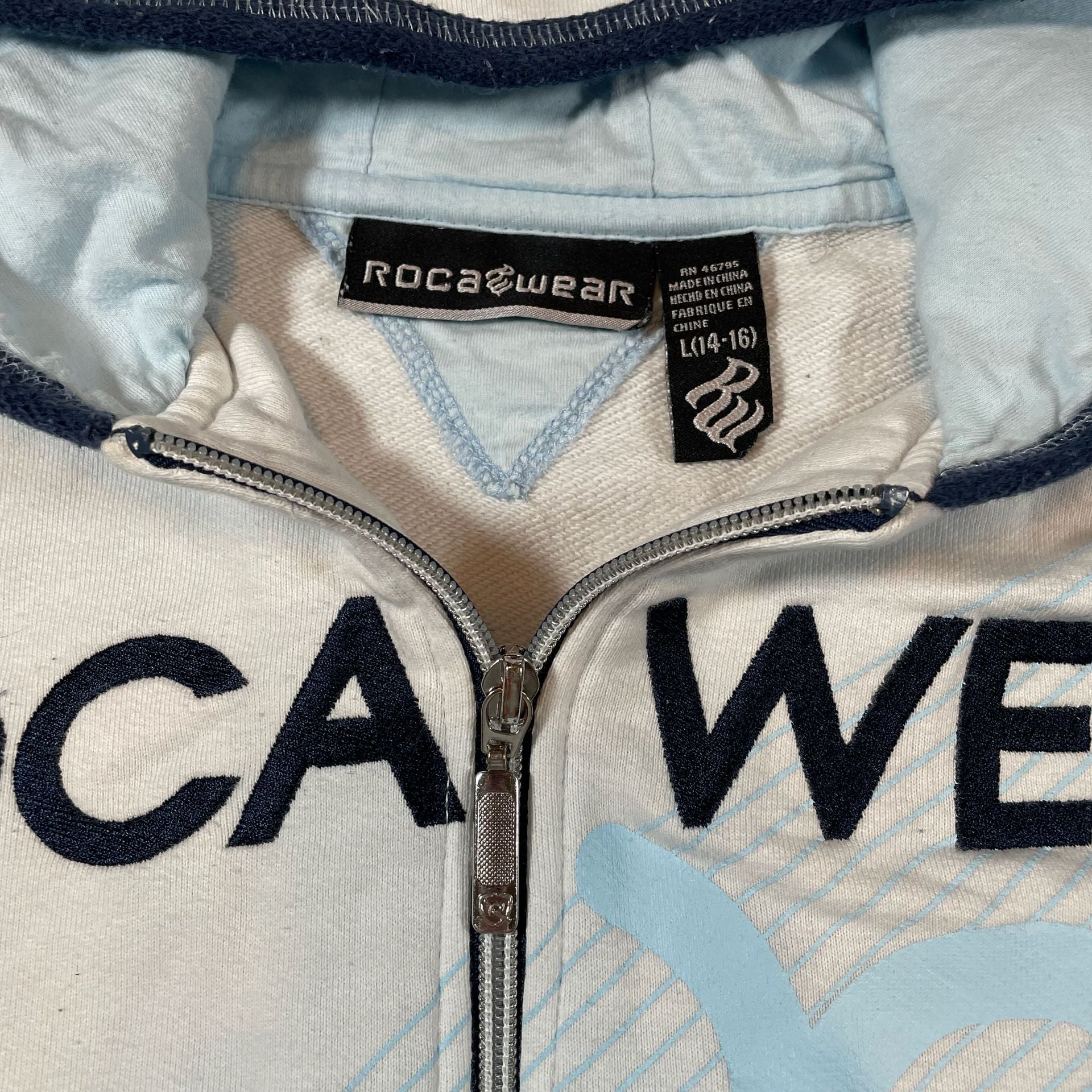 Roca Wear Full Zip Hoodie Size L (14-16) White Blue Graphic Jacket 6