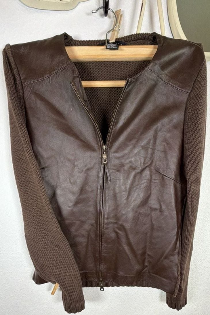 Maurice Sasson Real Leather Knit Sweater SO SASSY AND STYLISH !Jacket Size S Brown Full Zip 2