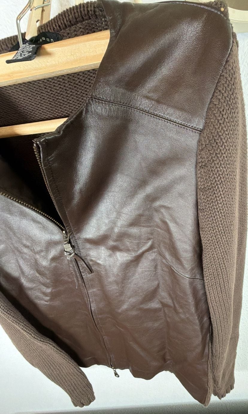 Maurice Sasson Real Leather Knit Sweater SO SASSY AND STYLISH !Jacket Size S Brown Full Zip 3