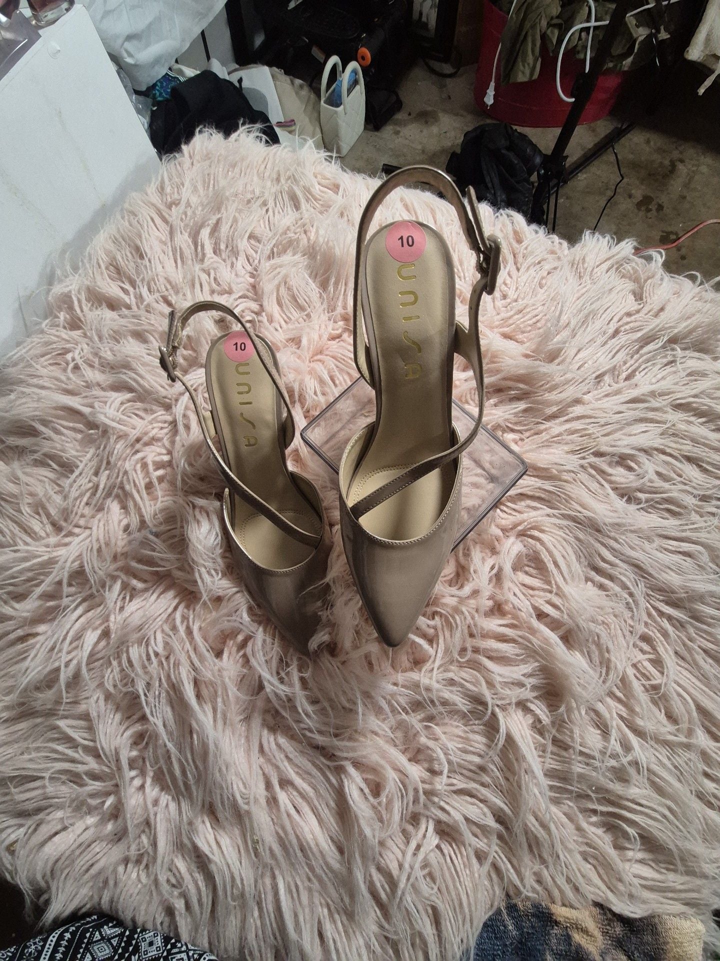 Unisa Slingback Heels Size 10M Nude Patent Pointed Toe Block Heel 2