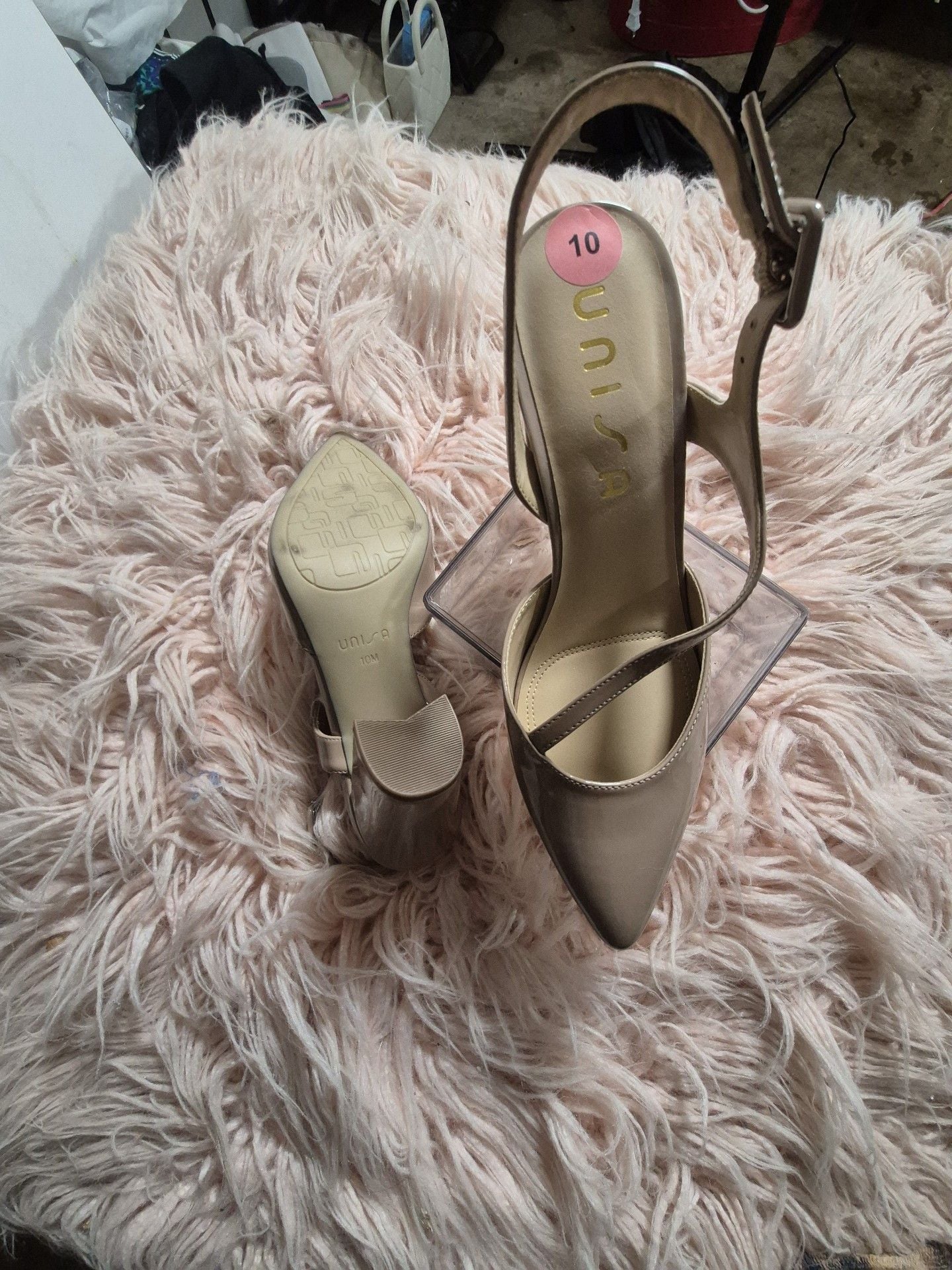 Unisa Slingback Heels Size 10M Nude Patent Pointed Toe Block Heel 3
