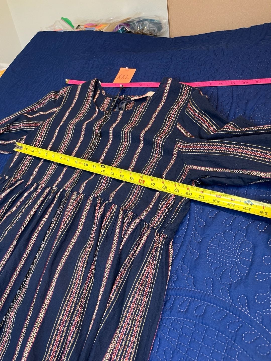Blue Striped Midi Dress Boho -Babydoll 5