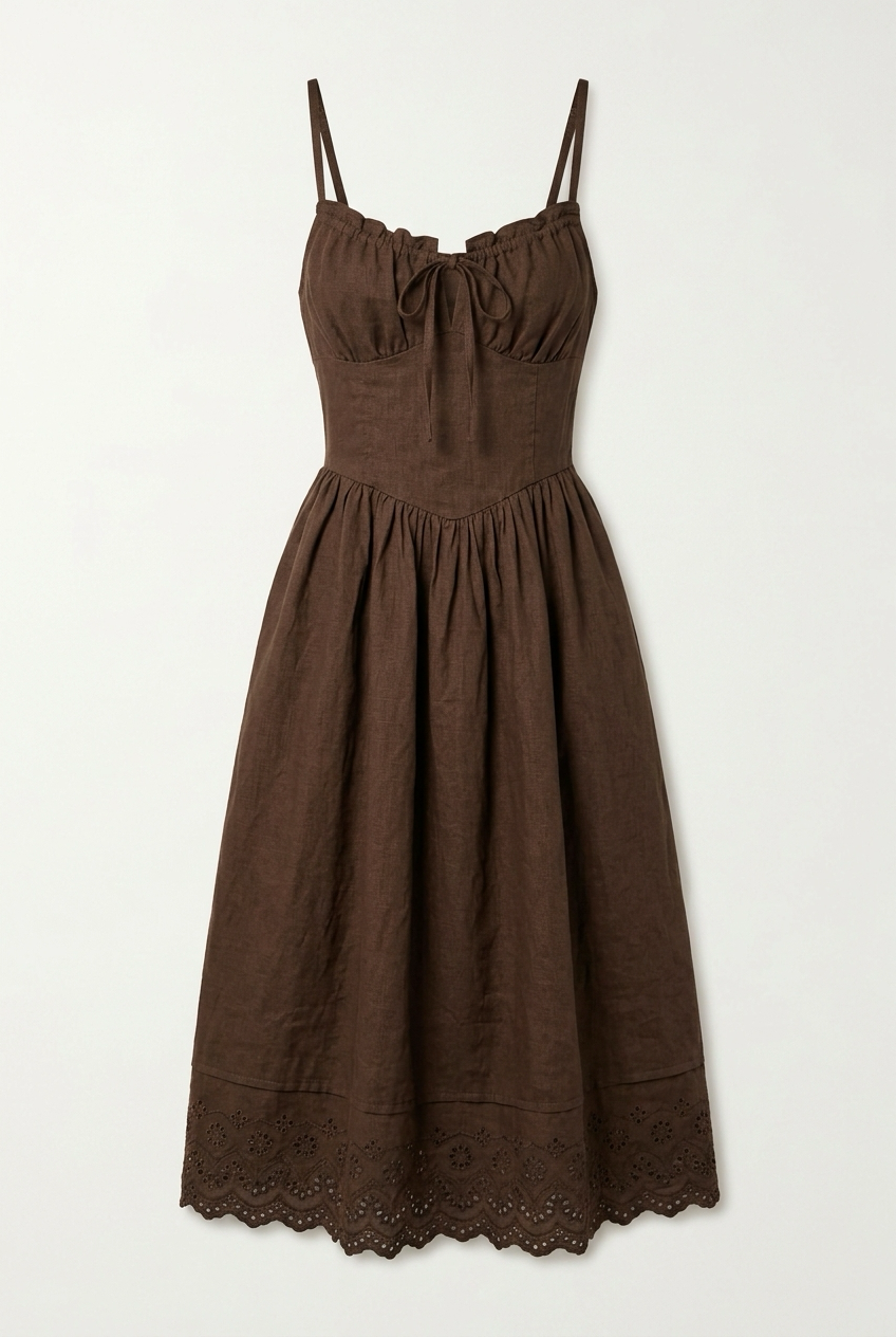 En Saison Midi Dress Size M Brown Eyelet Trim Cami Fit And Flare 3