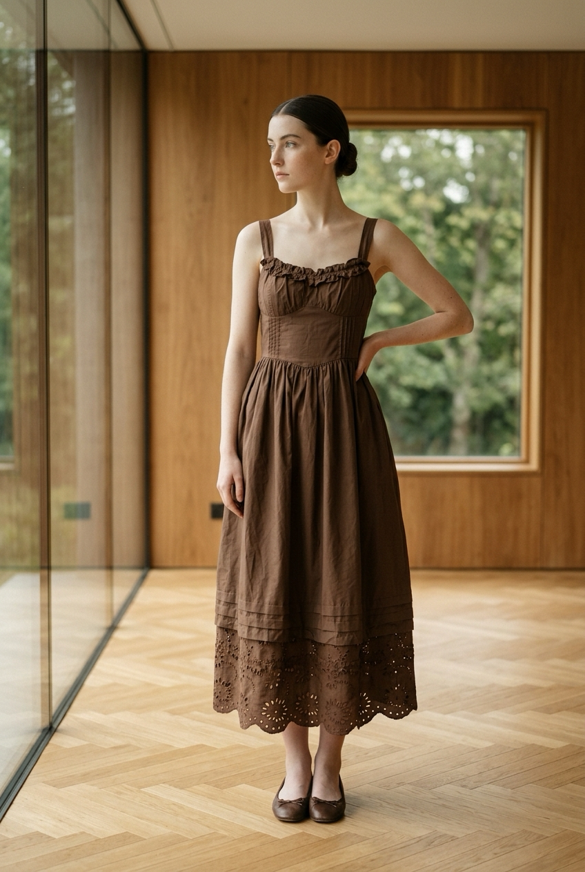En Saison Midi Dress Size M Brown Eyelet Trim Cami Fit And Flare 4