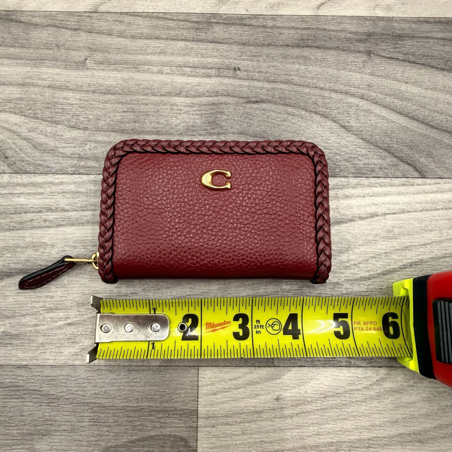 Coach Braided Leather Zip Around Card Case Wallet Red 9