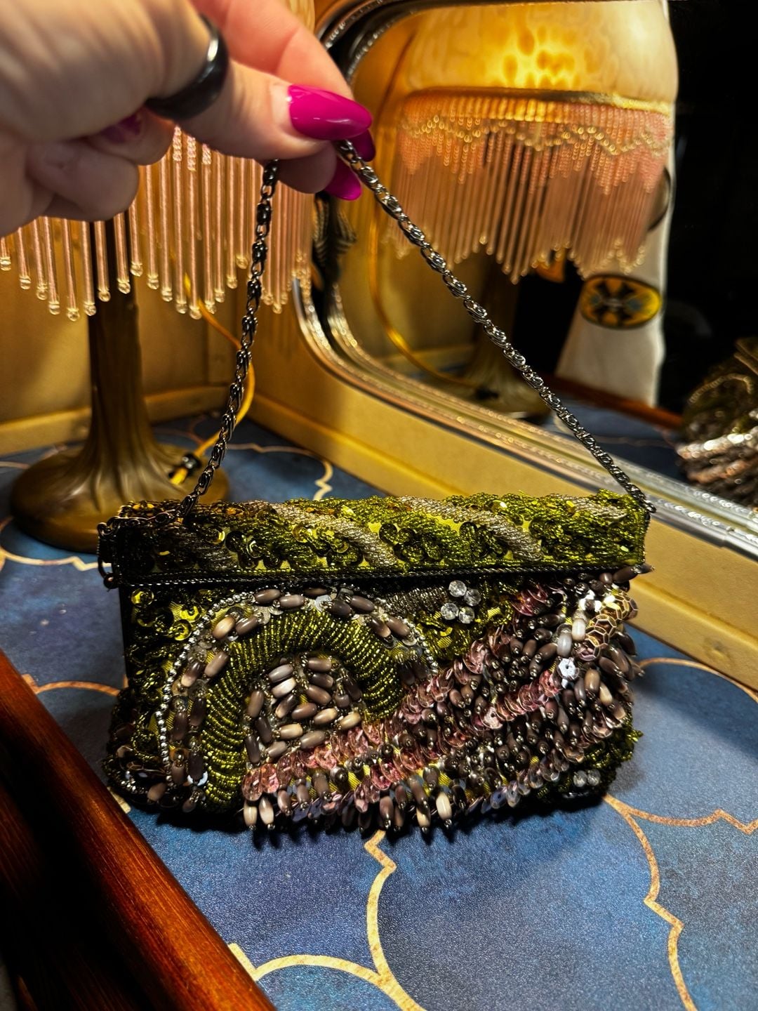 Vintage 60s Clutch Bag Hand beaded purple Floral Jewel Green Silver bead sequin  7