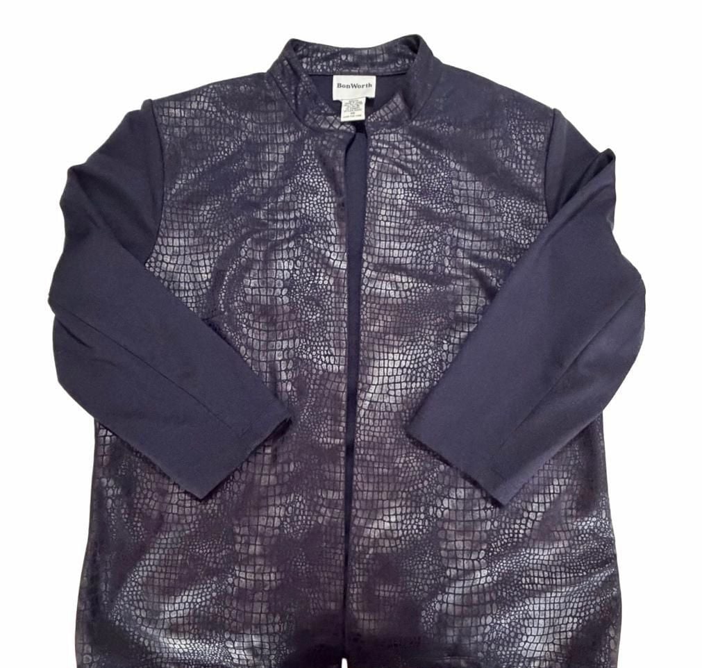 BonWorth Jacket Size XS Navy Metallic Faux Snake Texture Open Front 2