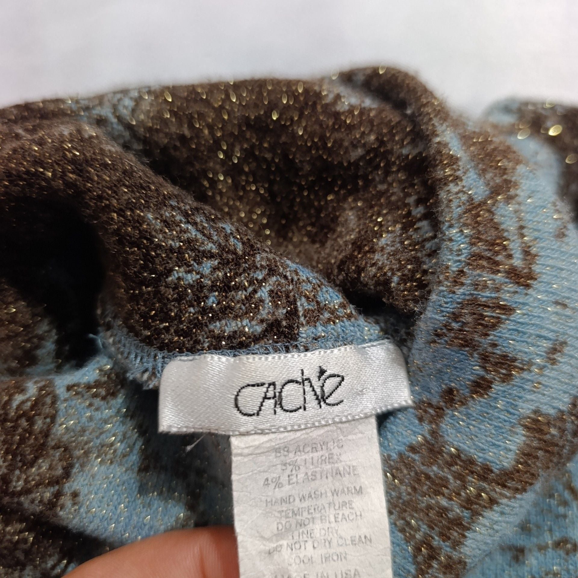 Cache Metallic Turtleneck Top Size L Blue Brown Lurex 3