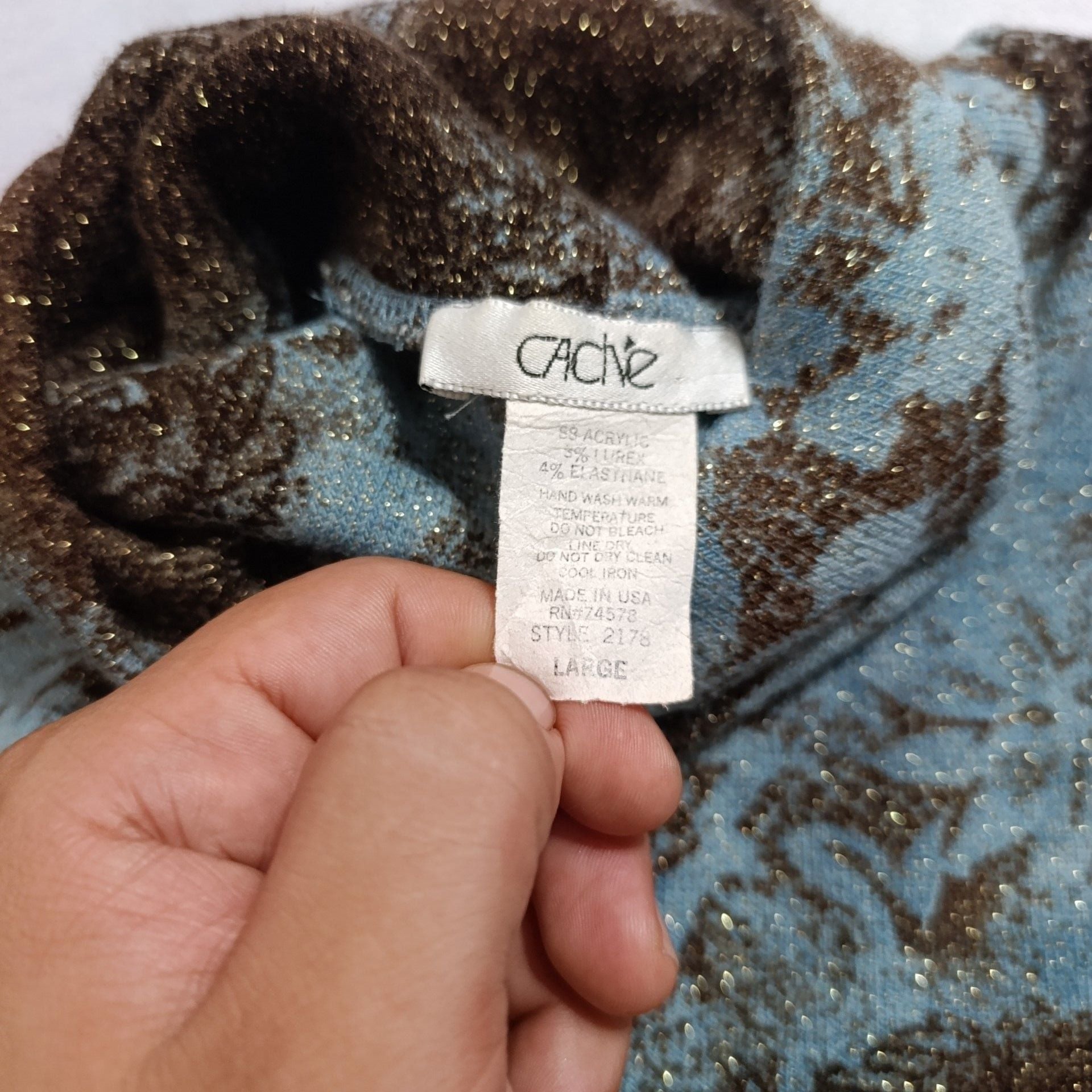 Cache Metallic Turtleneck Top Size L Blue Brown Lurex 4
