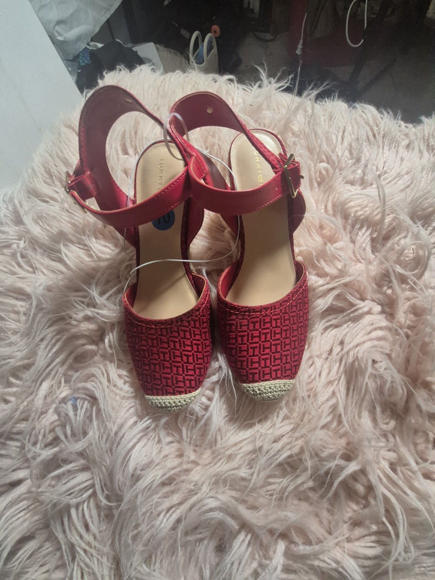 Tommy Hilfiger Monogram Espadrille Wedge Sandals Size 10M Red 5