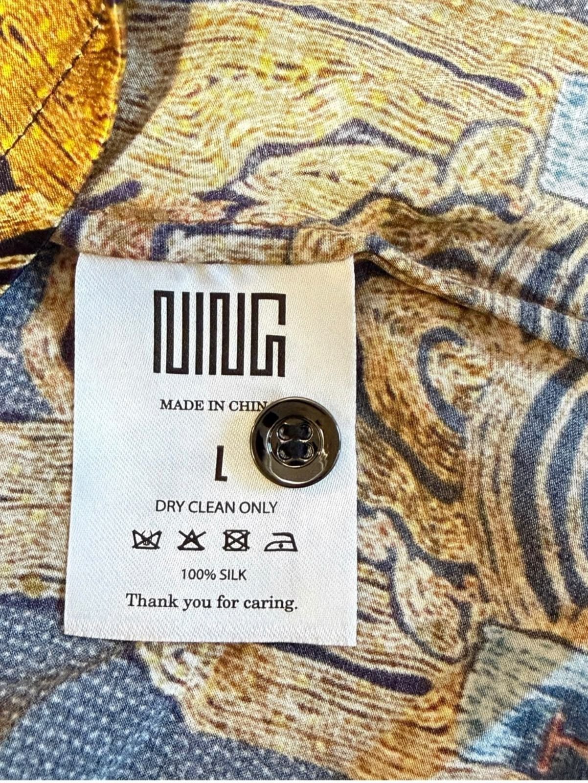 NING Silk 100% silk two piece Set Size L Yellow Asian Print Shirt Shorts 7