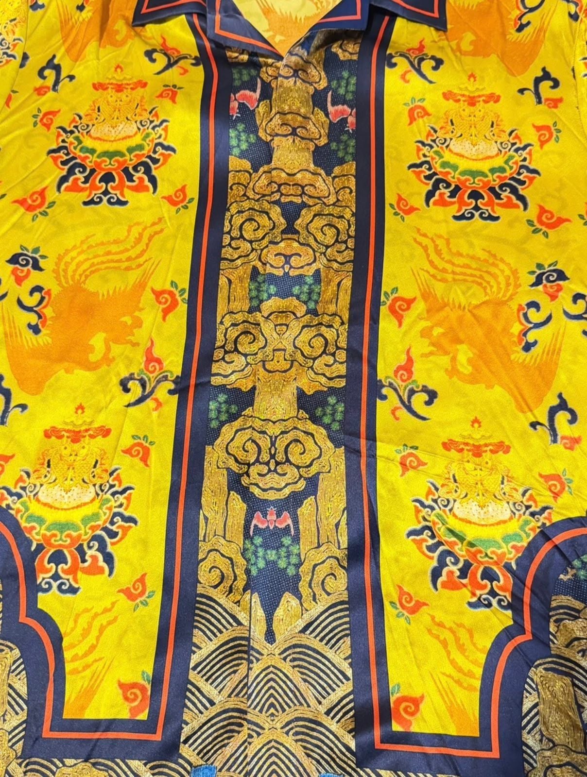 NING Silk 100% silk two piece Set Size L Yellow Asian Print Shirt Shorts 9