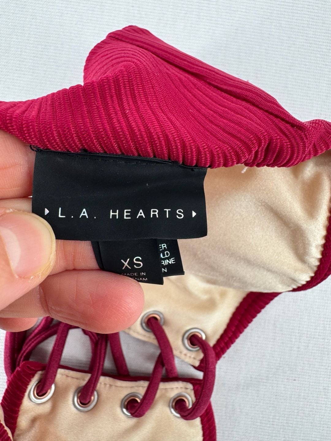 L.A. Hearts Bikini Top Size XS Burgundy Ribbed Lace-Up Strapless 4