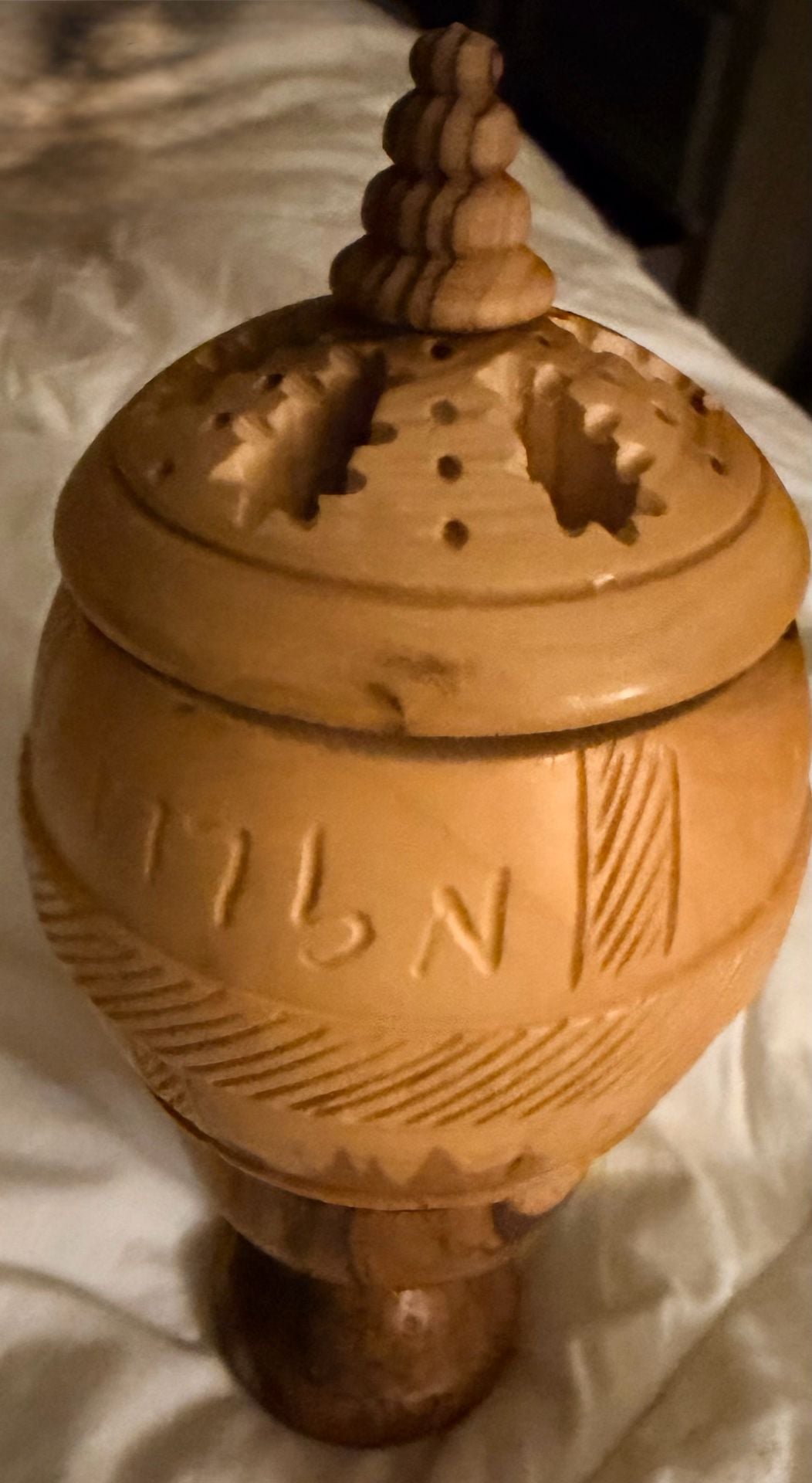 Handcrafted Olive Wood Carved Incense Burner Jar with Chalice 1