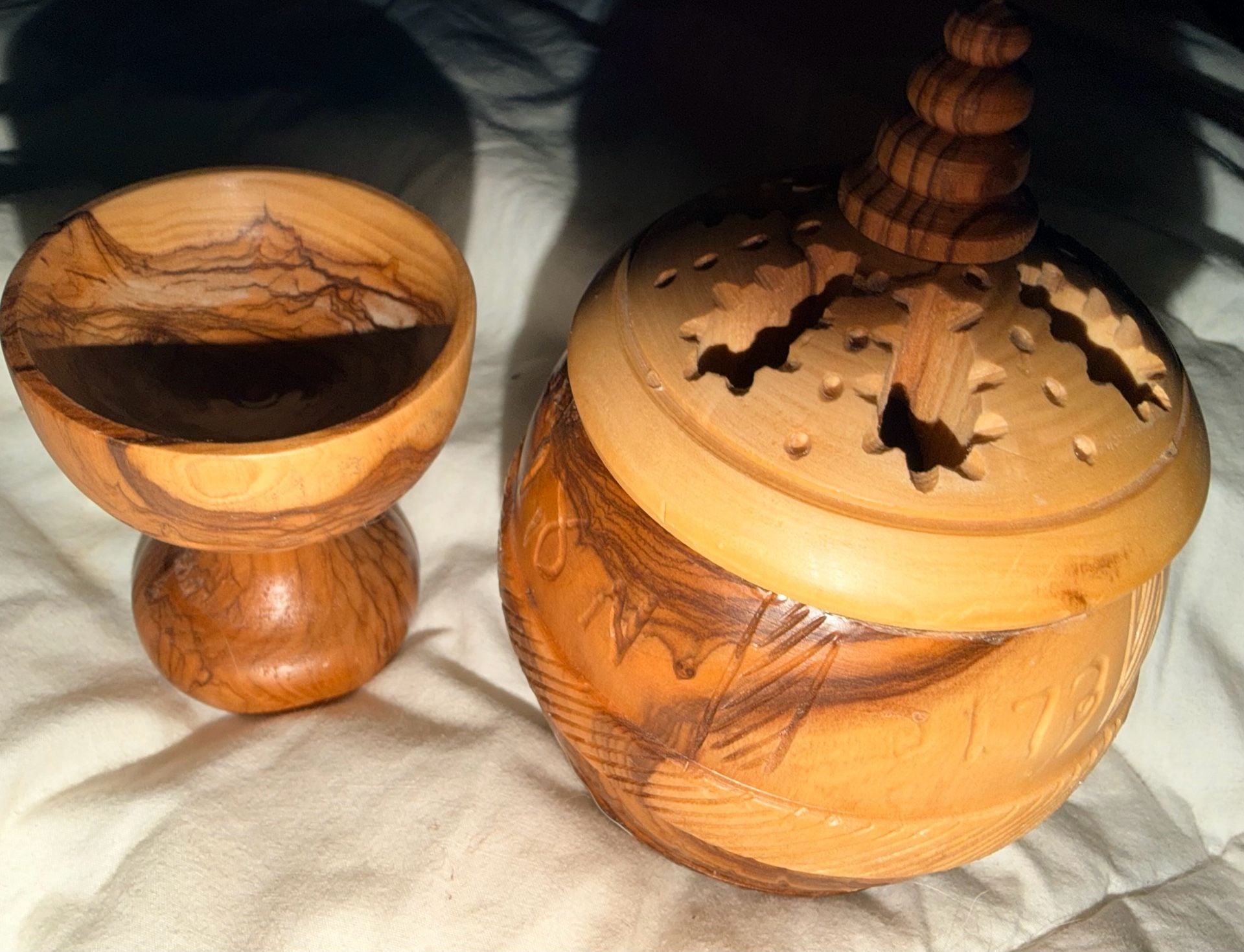Handcrafted Olive Wood Carved Incense Burner Jar with Chalice 2