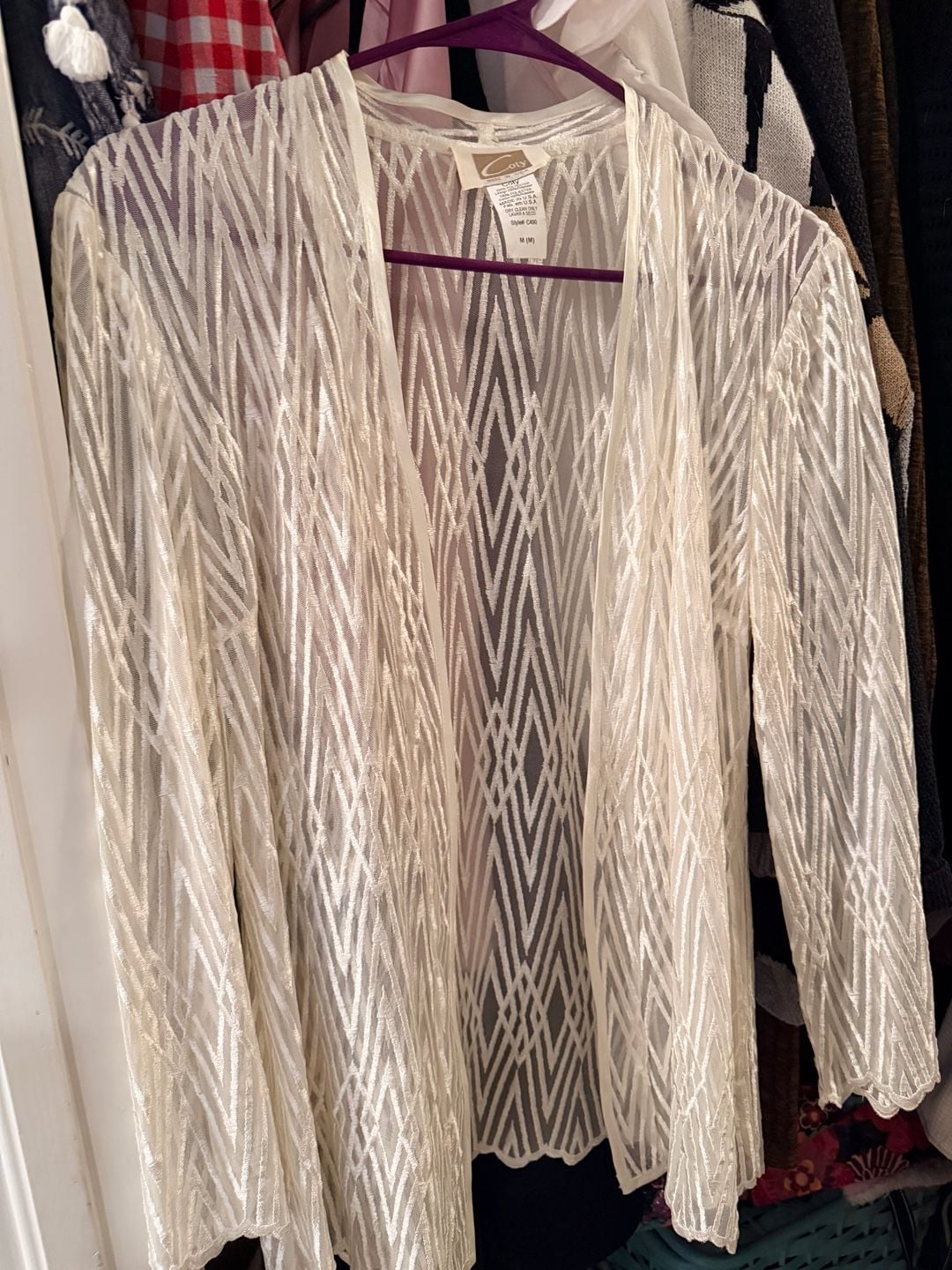 Coty Sheer Velvet Cardigan Size M White Geometric Open Front C490 2